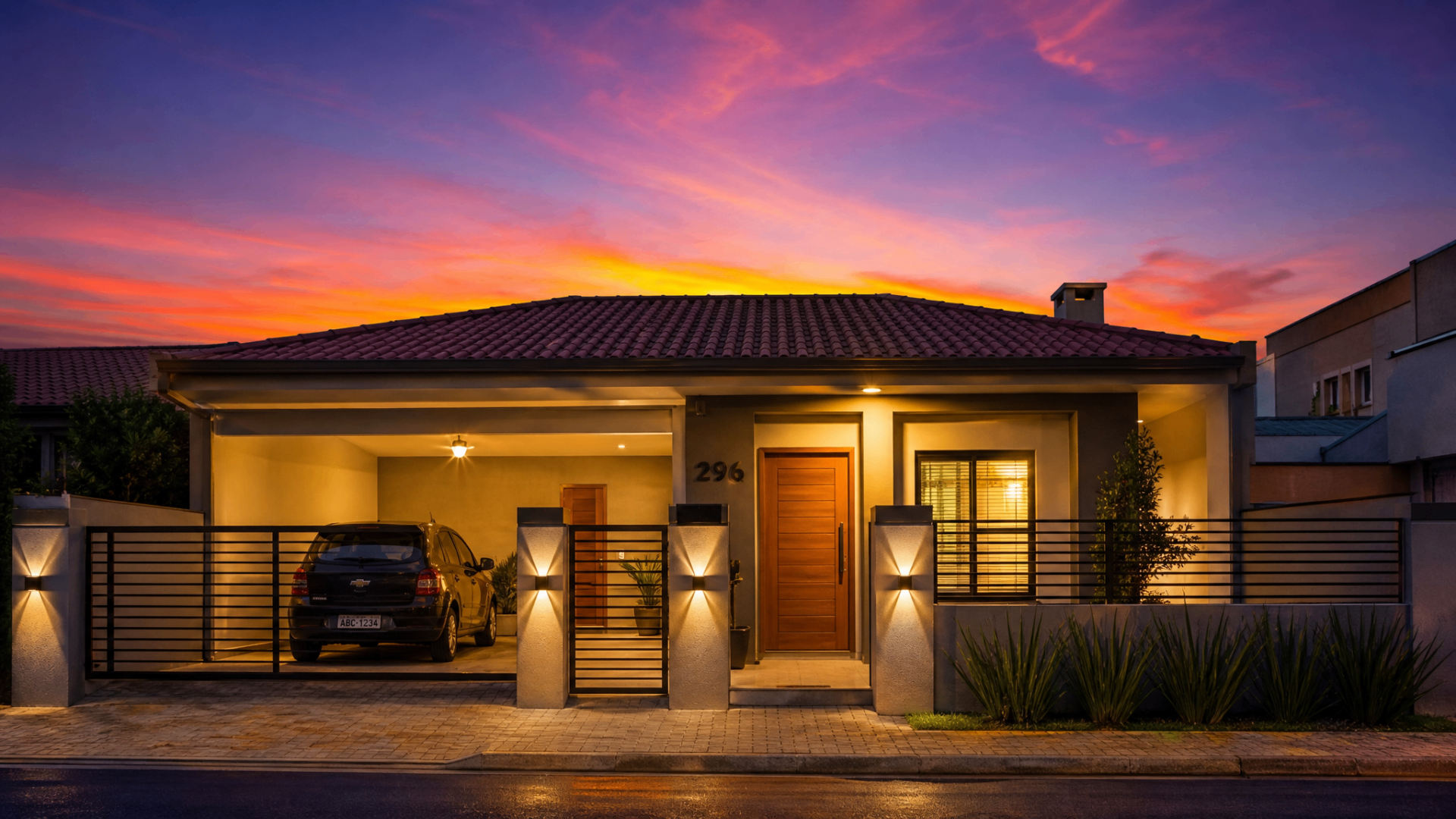 Casa iluminada ao entardecer com céu em tons de aurora