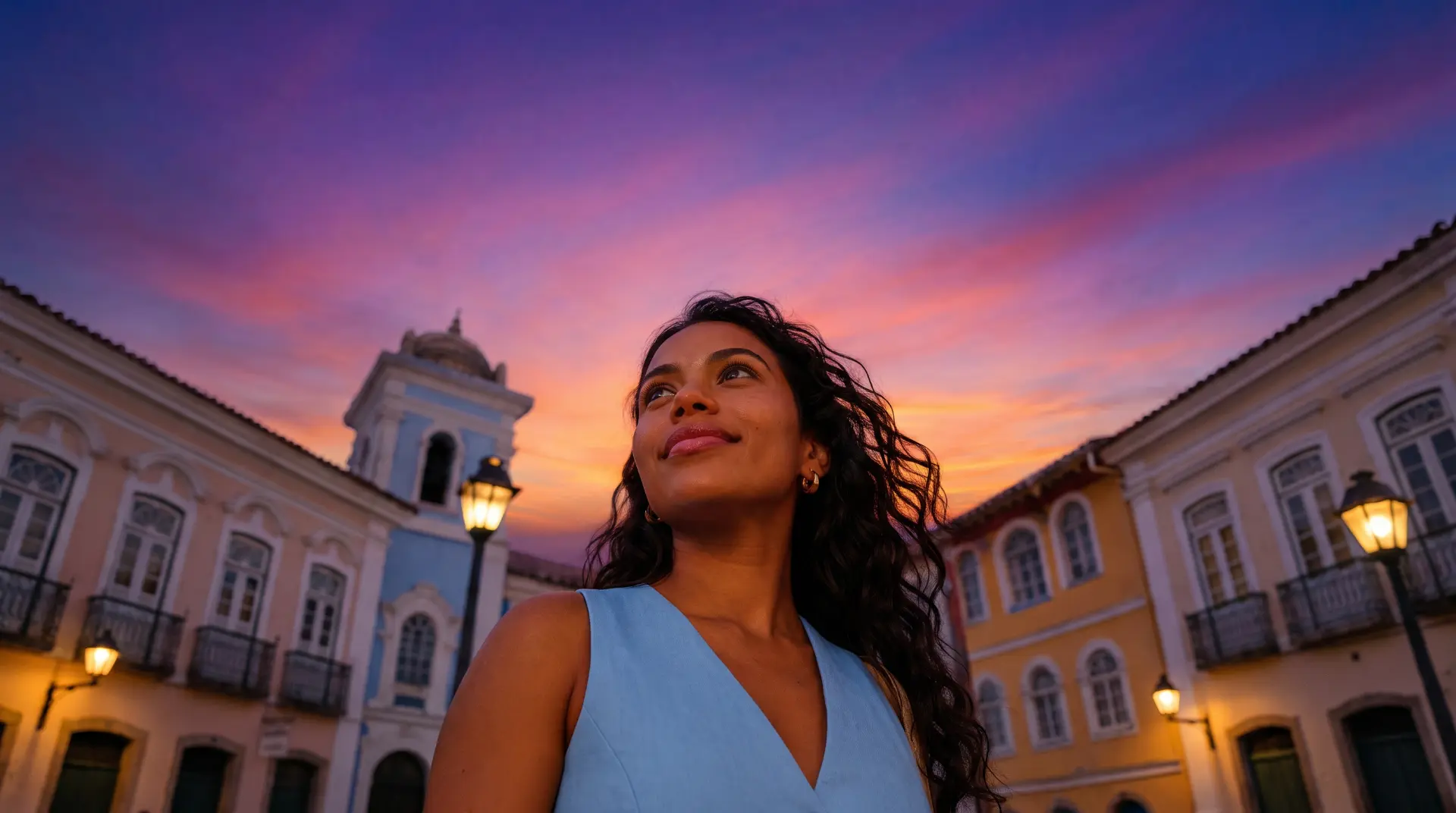 Casa iluminada ao entardecer com céu em tons de aurora